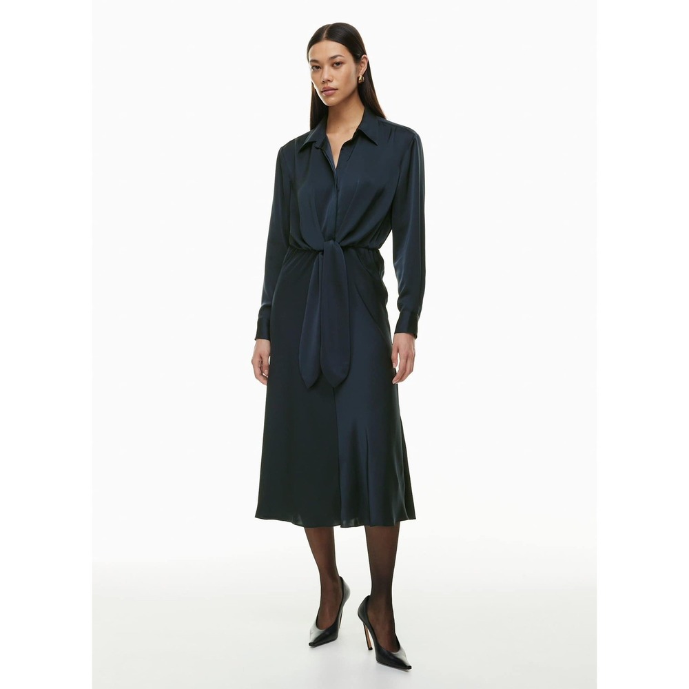 Babaton Aritzia Navy Blue Collared Tie Waist Belted Midi Dress Long Sleeve XS